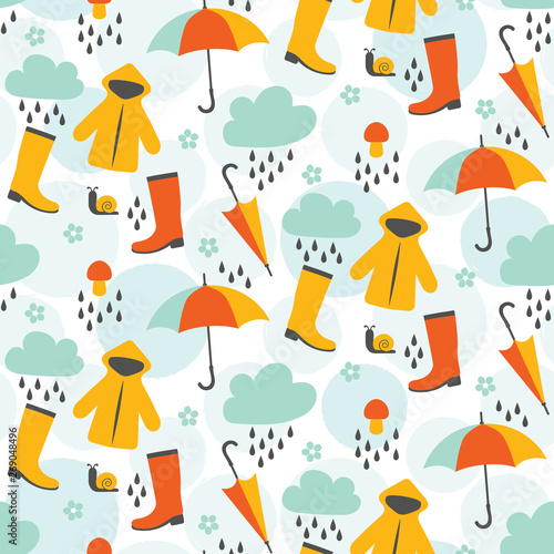 Rainy day seamless pattern design with rain coats, umbrellas, clouds, water drops, and other elements