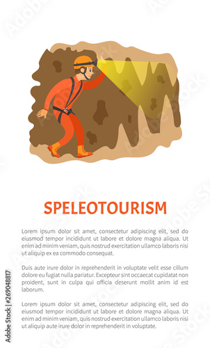 Man wearing helmet with light going in cave, male insurance going in antre, side view of person in orange suit, extreme or dangerous tourism vector