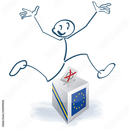 Strichmännchen mit einem Luftsprung über die europäische Wahlurne