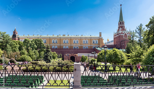 Moscow. May 18, 2019. View of the Alexander Garden, Arsenal of the Moscow Kremlin and Trinity Tower
