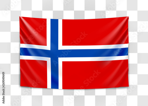 Hanging flag of Norway. Kingdom of Norway. National flag concept.
