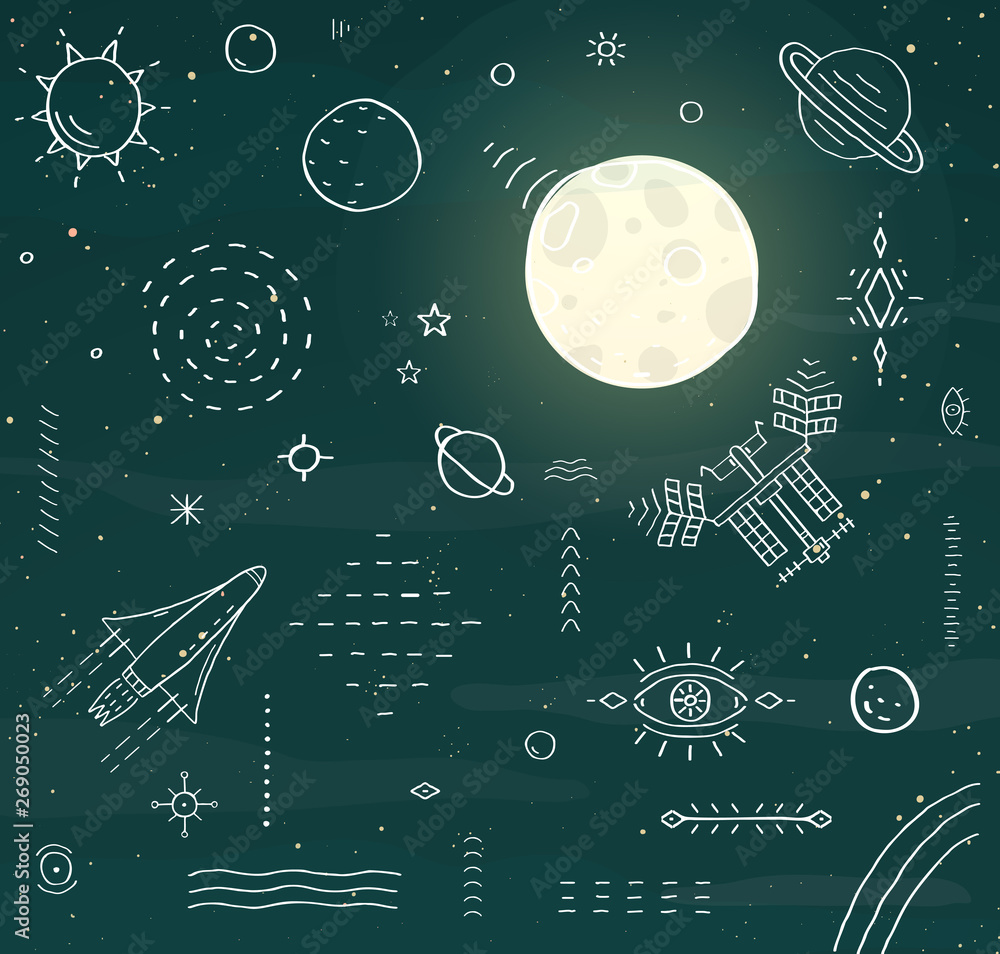 Outer Space Elements on Night Starry Sky and Moon Background Outer Space Elements on Night Starry Sky and Moon Background