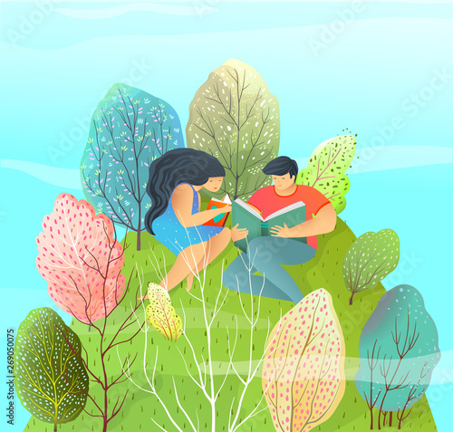 Couple Reading Books in Nature Forest