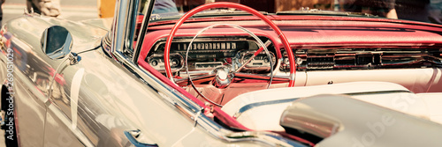 Interior of a classic car, old vintage vehicle close-up