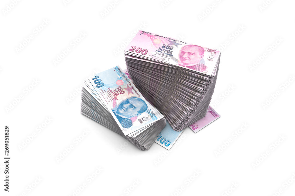 Deck of Turkish Liras Banknotes on White Deck of Turkish Liras Banknotes on White