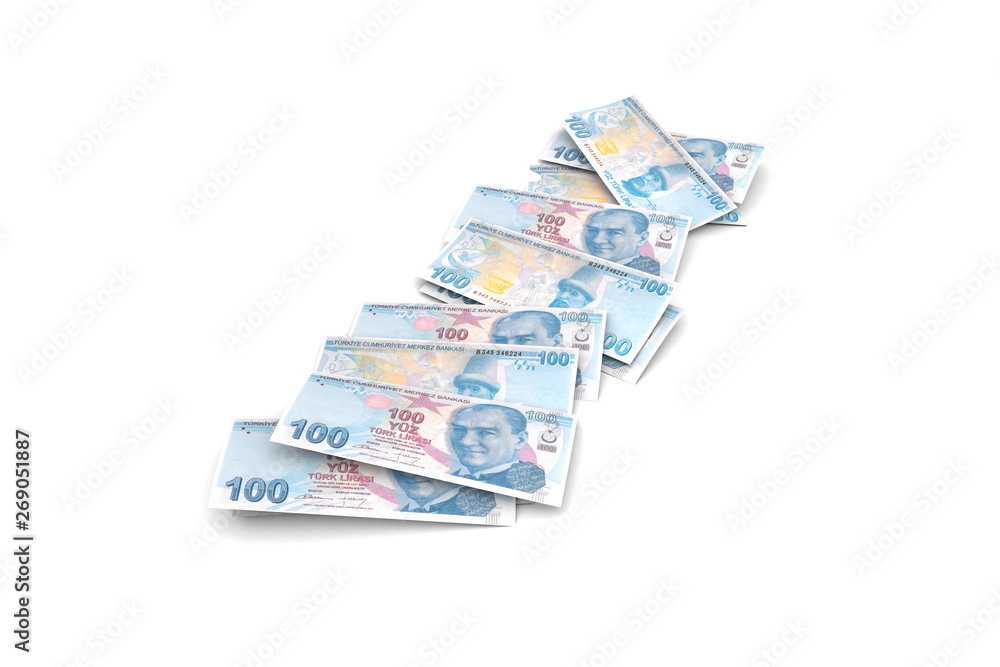 Turkish Liras Banknotes Falling and Flying Around on White Turkish Liras Banknotes Falling and Flying Around on White