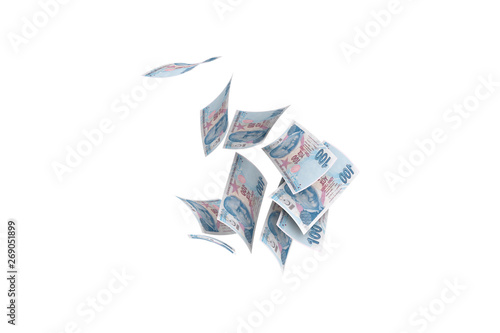 Turkish Liras Banknotes Falling and Flying Around on White