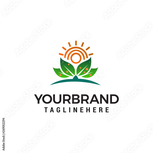 sun and leaf logo design concept template vector
