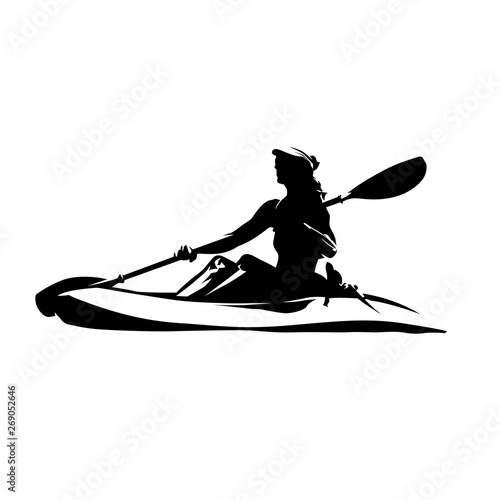 Woman on canoe, isolated vector ink drawing. Abstract vector silhouette. Kayaking water sport