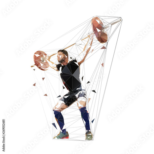 Weightlifter lifts big barbell, abstract geometric low poly isolated vector illustration.Fitness