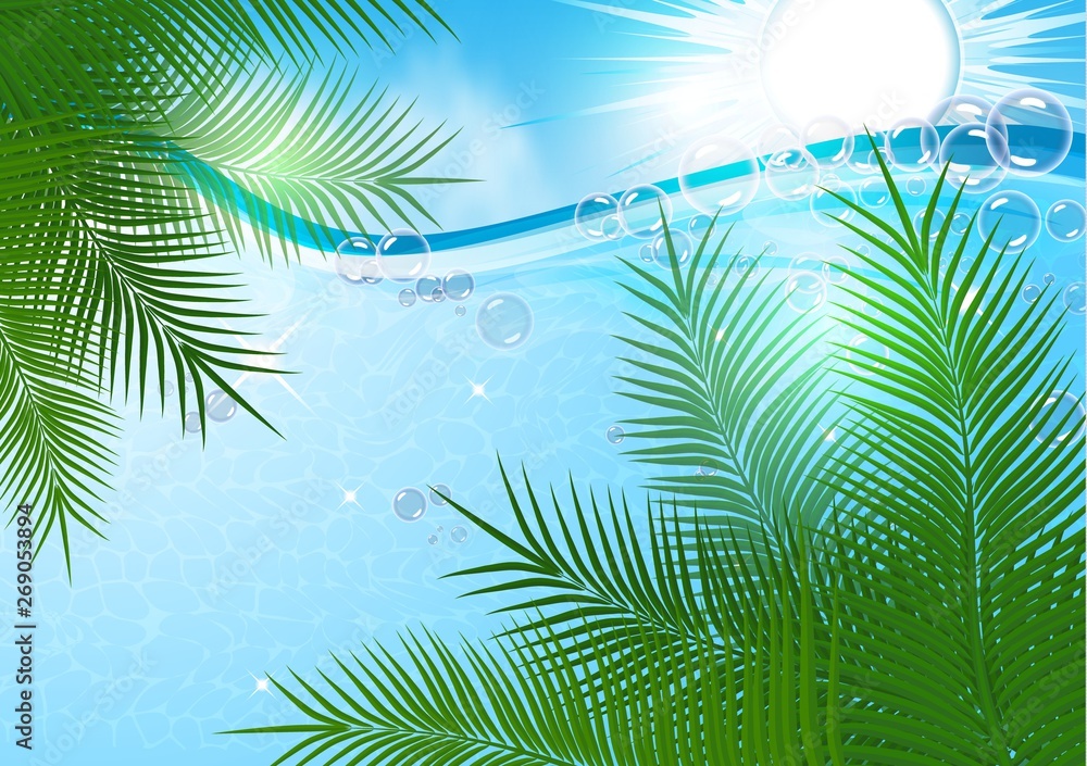 Beautiful summer background. Bright sun and sea waves and foam, palm leaves.