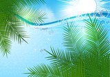 Beautiful summer background. Bright sun and sea waves and foam, palm leaves.