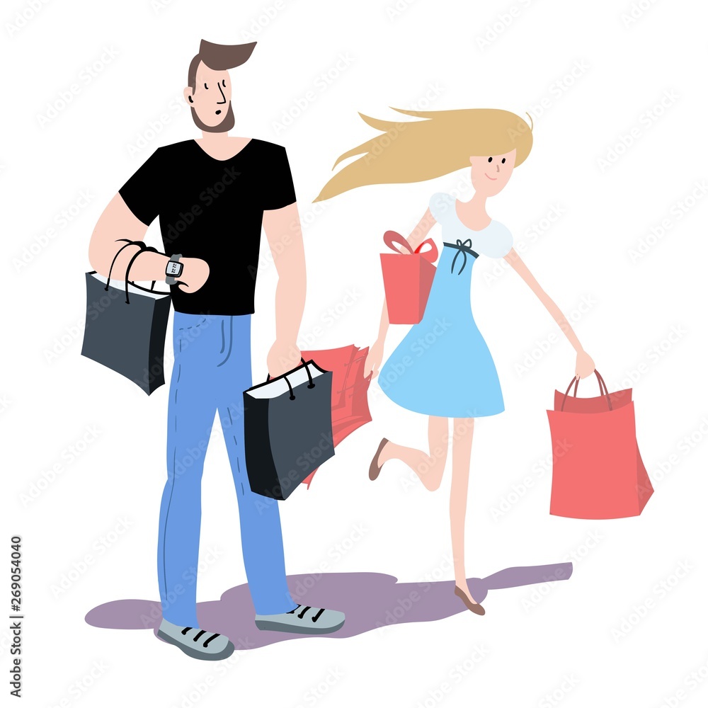 Young couple, a girl and a guy with purchases in their hands, a family vacation, a trip to the store, shopping, color illustration in vector