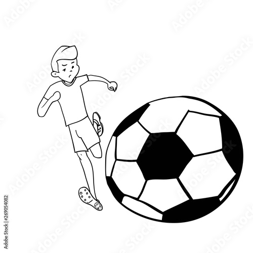 Cartoon football player, funny cartoon character boy, linear black-white drawing, football club, football field, vector illustration