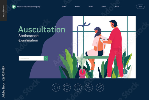 Medical tests template - auscultation - modern flat vector concept digital illustration of stethoscope examination procedure - patient and doctor carrying out procedure, medical office or laboratory