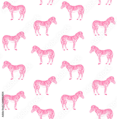 Vector seamless pattern of pink hand drawn zebra isolated on white background 
