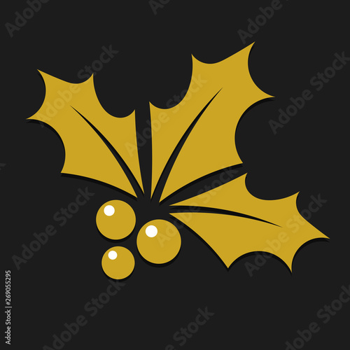 Gold holly leaves Christmas icon on black background.