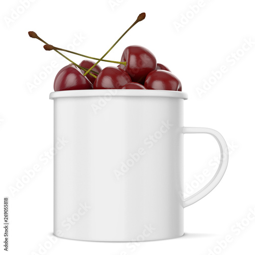 Isolated enamel mug with cherries