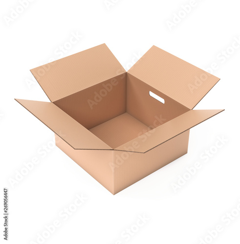 Open brown corrugated carton box. 3d rendering illustration isolated