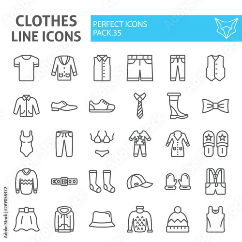 Clothes line icon set, clothing symbols collection, vector sketches, logo illustrations, wear signs linear pictograms package isolated on white background.