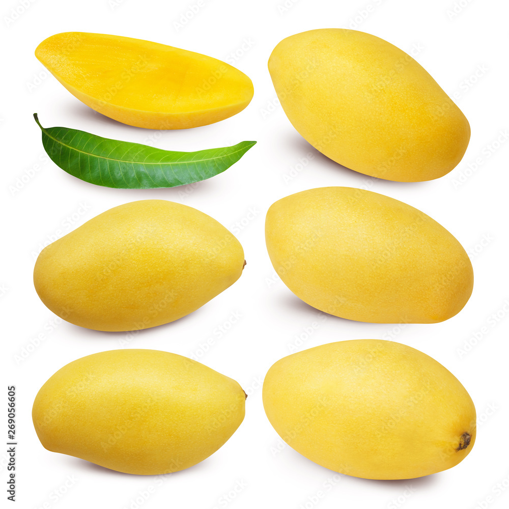 Yellow mango with leaves and slice isolated on white background with clipping mask