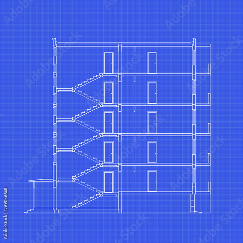 Detailed multi-storey building. Cross-section house. Vector blueprint. Architectural background.