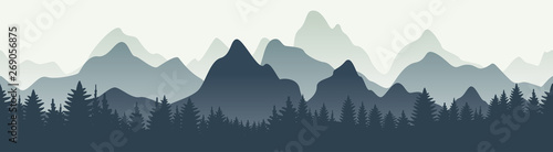 Horizontal mountain landscape with trees. Seamless mountains background. Outdoor and hiking concept. Vector illustration.