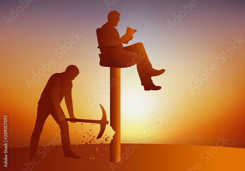 Concept de la révolte avec un leader assis sur son trône qui savoure son pouvoir, tandis qu’un homme cherche à le faire tomber de son piédestal en détruisant sa base pour le destituer.