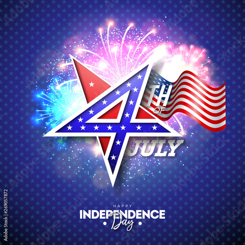4th of July Independence Day of the USA Vector Illustration with 4 Number in Star Symbol. Fourth of July National Celebration Design with American Flag Pattern on Fireworks Background for Banner