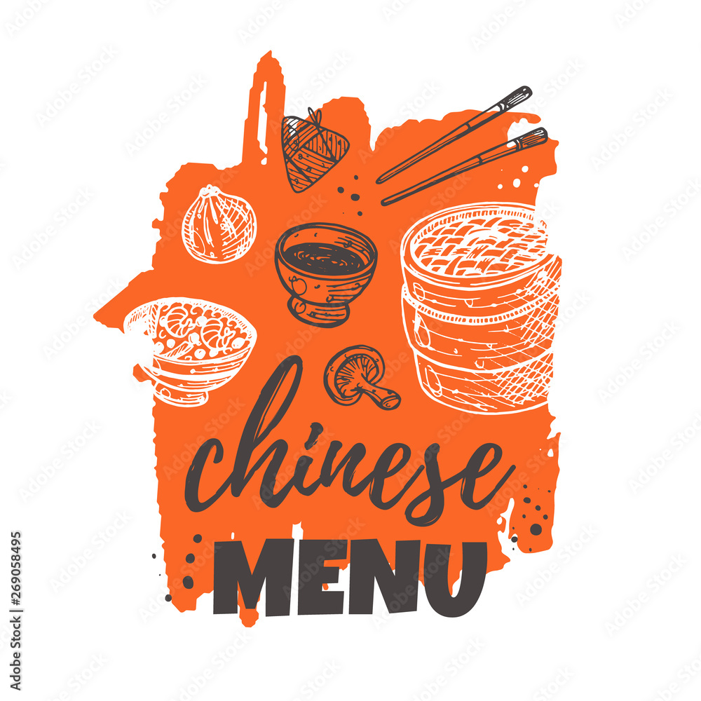 Chinese menu. Traditional asian and thai cuisine. Hand drawn vector
