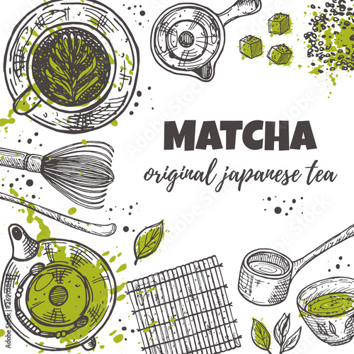 Matcha card. Japanese ethnic and national tea ceremony. Hand drawn vector illustration for shop, market, poster, emblem, sticker, placard