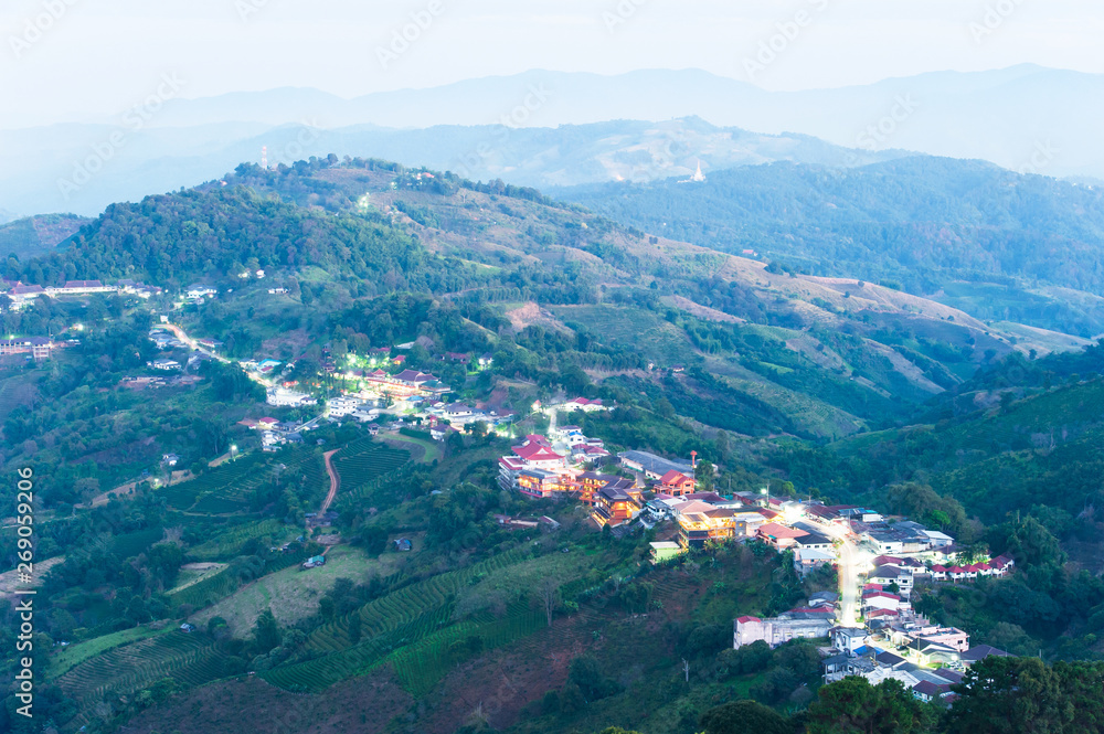 Landscape of Doi Mae Salong and tea Village in the evening.