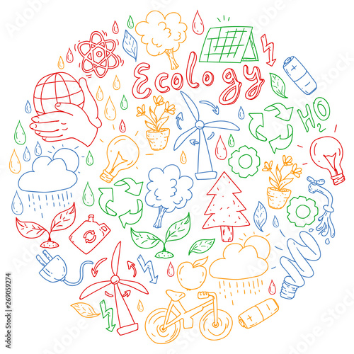 Vector logo, design and badge in trendy drawing style - zero waste concept, recycle and reuse, reduce - ecological lifestyle and sustainable developments icons.