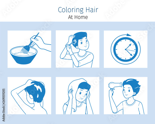 Hair Coloring Process. Steps Of Young Man Coloring His Own Hair From Brunette to Blonde At Home