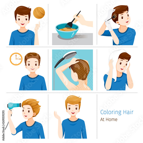 Hair Coloring Process. Steps Of Young Man Coloring His Own Hair From Brunette to Blonde At Home