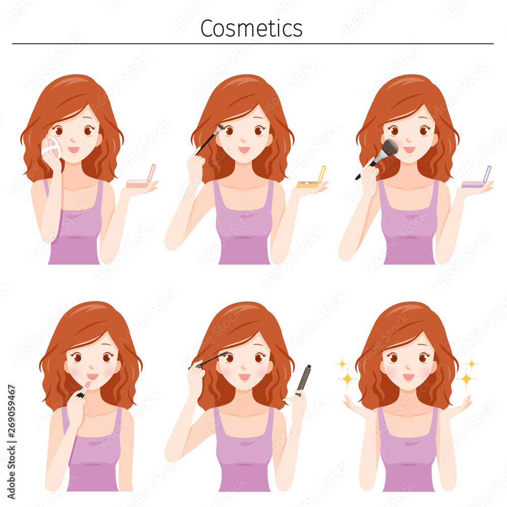 Set Of Young Woman Makes Up With Variety Cosmetics Set Of Young Woman Makes Up With Variety Cosmetics