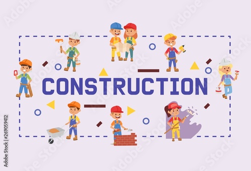 Builder vector constructor children character building construction design illustration backdrop of worker contractor kid buildup constructively background banner