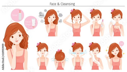 Young Woman Cleaning And Care Her Face With Various Actions Set