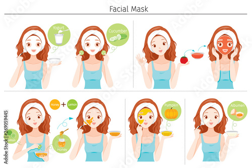 Young Woman Mask Her Face With Natural Facial Mask, Yogurt And Fruits