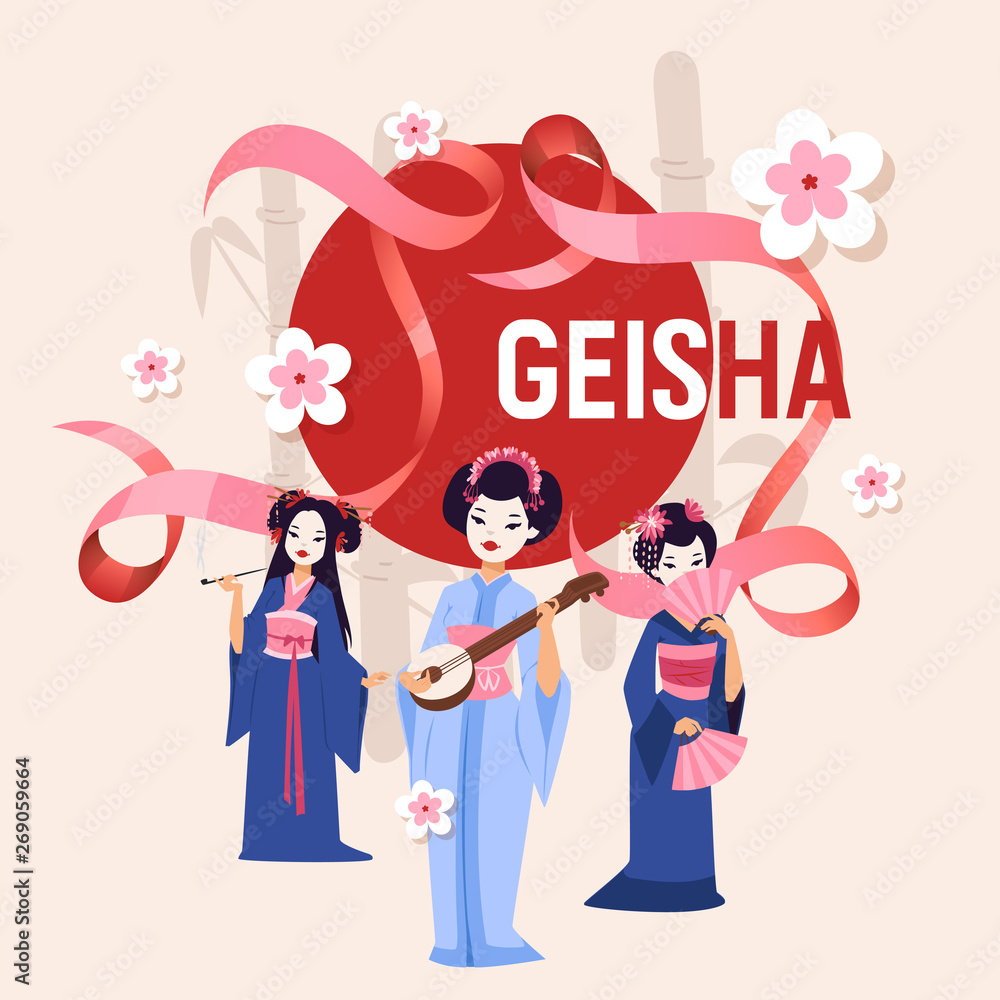 Geisha vector Japanese beautiful young woman in fashion kimono in Japan  illustration backdrop set of asian oriental traditional costume background  decoration wallpaper Stock Vector | Adobe Stock