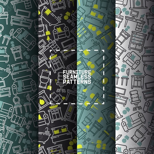 Furniture seamless pattern vector furnishings design of living-room backdrop furnished interior in apartment sofa table arm-chair to furnish room illustration background