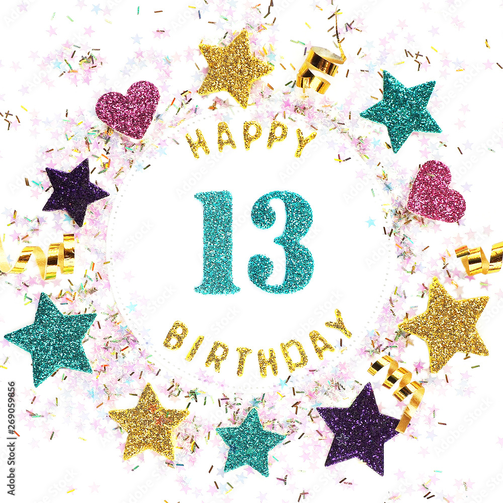 Square format greeting card with the inscription "happy 13th birthday