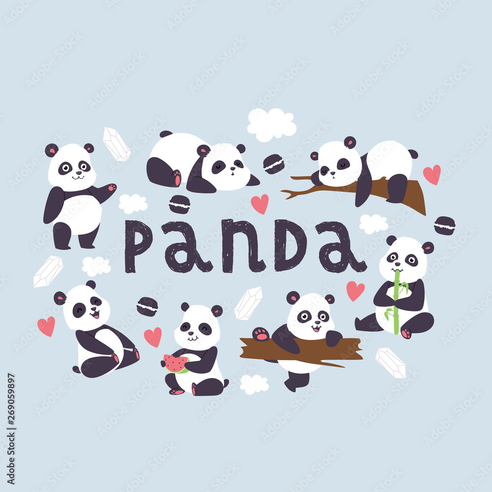 Panda vector bearcat chinese bear with bamboo in love playing or sleeping illustration backdrop of giant panda eating watermelon background wallpaper