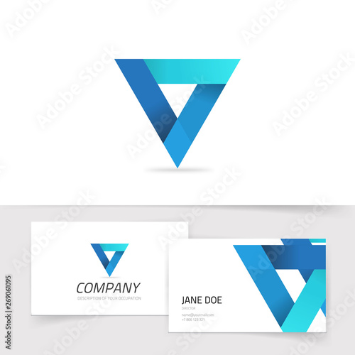 Triangle abstract vector logo, blue gradient prism logotype isolated, modern trendy geometry symbol with business card template clipart