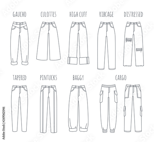 Trendy women jeans styles vector thin line icons