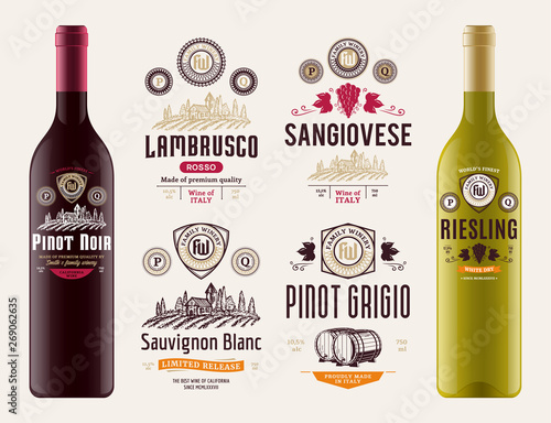 Vector wine labels and bottle mockups
