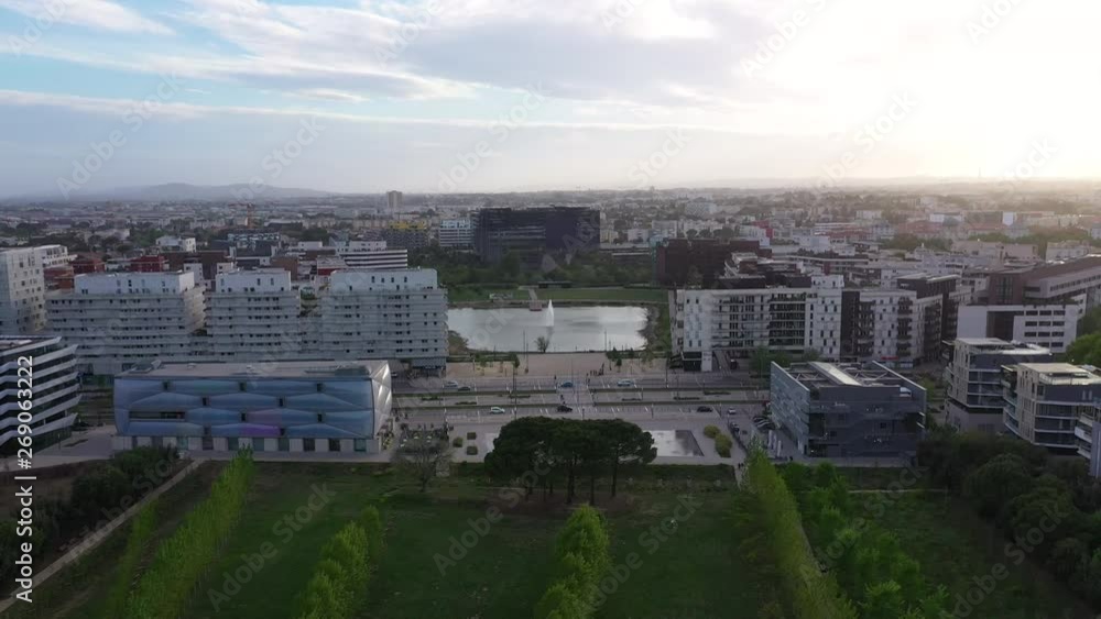 City park Port Marianne district Montpellier aerial shot trees and town hall. Buildings modern architecture City park Port Marianne district Montpellier aerial shot trees and town hall. Buildings modern architecture