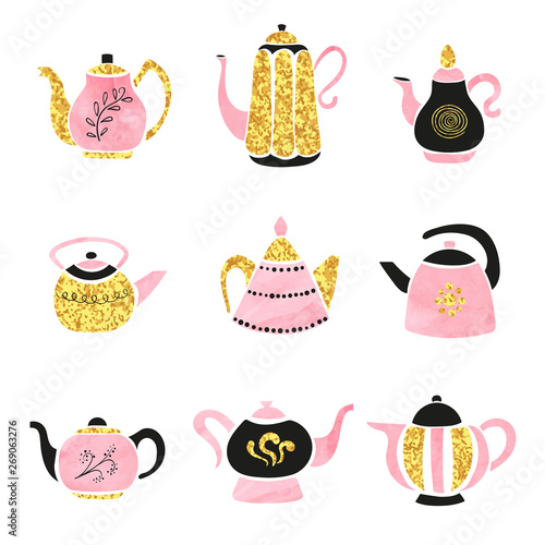 Vector set of cute hand drawn teapots.