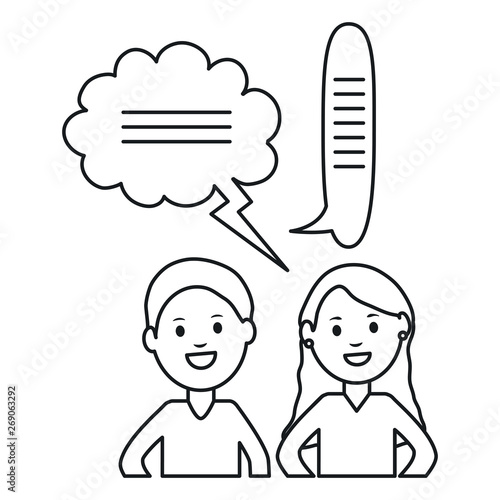 young couple with speech bubbles avatars characters square frame and birthday elements vector illustraitor photo