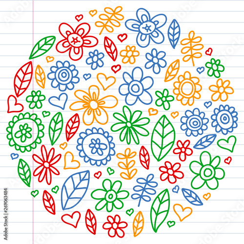 Vector set of child drawing flowers icons in doodle style. Painted, colorful, pictures on a piece of linear paper on white background.